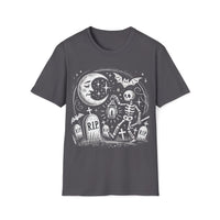 Macabre Threads Charcoal Lantern’s Glow T-Shirt – Gothic Skeleton Graveyard Design