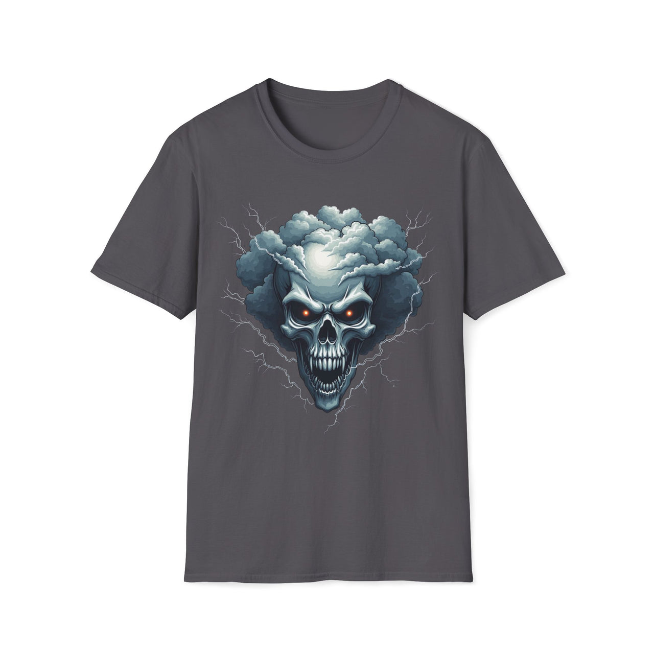 Macabre Threads Charcoal Skull Storm Lightning Skull T Shirt – Gothic Thunder Skull Tee