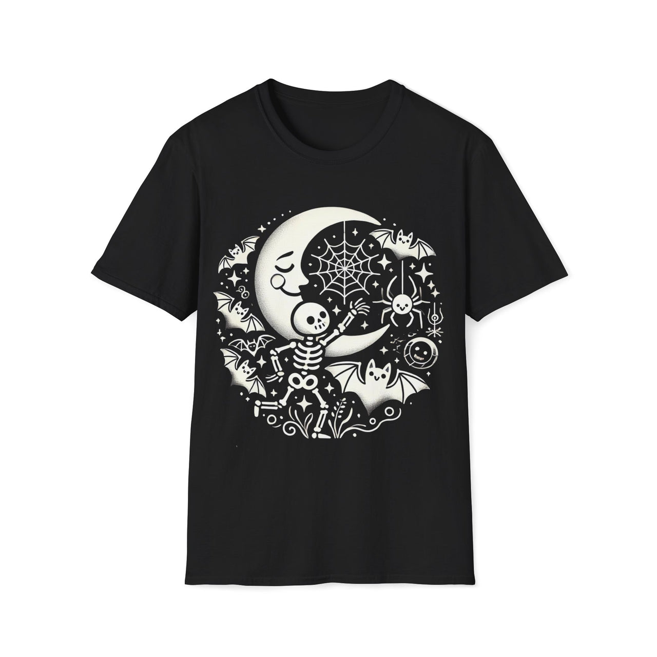 Macabre Threads Black Celestial Play T-Shirt – Whimsical Skeleton and Moon Gothic Design