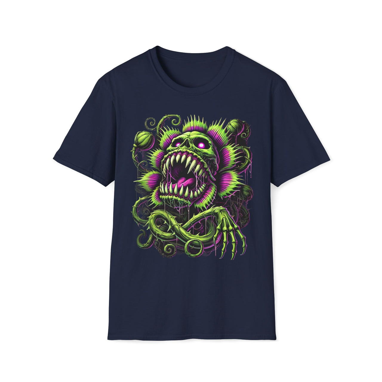 Macabre Threads Navy Gravevine Maw T-Shirt – Neon Skull Plant Monster Design