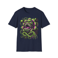 Macabre Threads Navy Gravevine Maw T-Shirt – Neon Skull Plant Monster Design