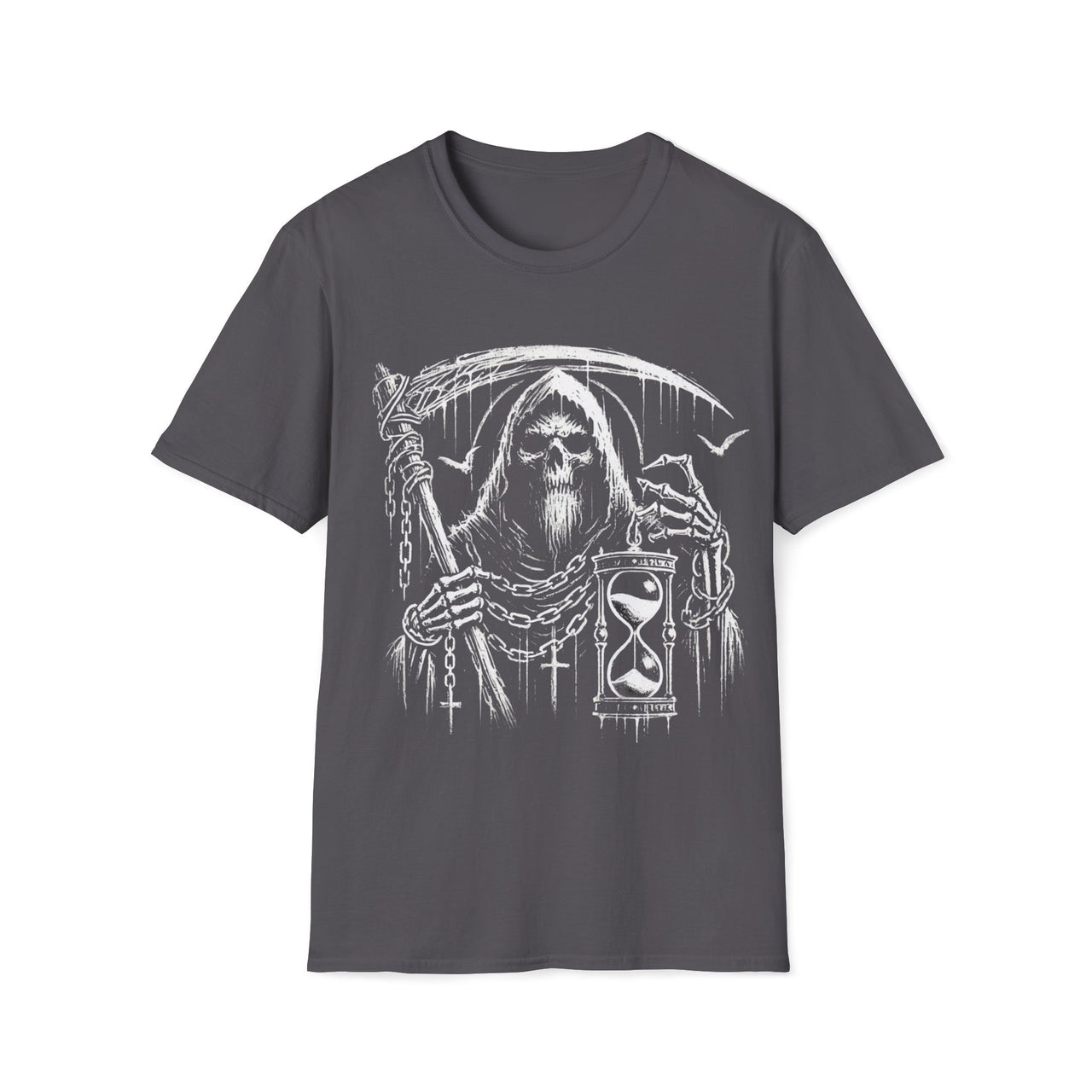 Macabre Threads Charcoal Abyss Walker – Grim Reaper Hourglass T-Shirt