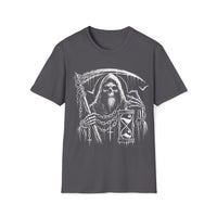Macabre Threads Charcoal Abyss Walker – Grim Reaper Hourglass T-Shirt