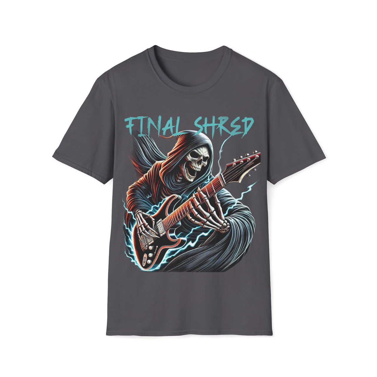 Macabre Threads Charcoal Strings of Fate – Grim Reaper Guitar T-Shirt