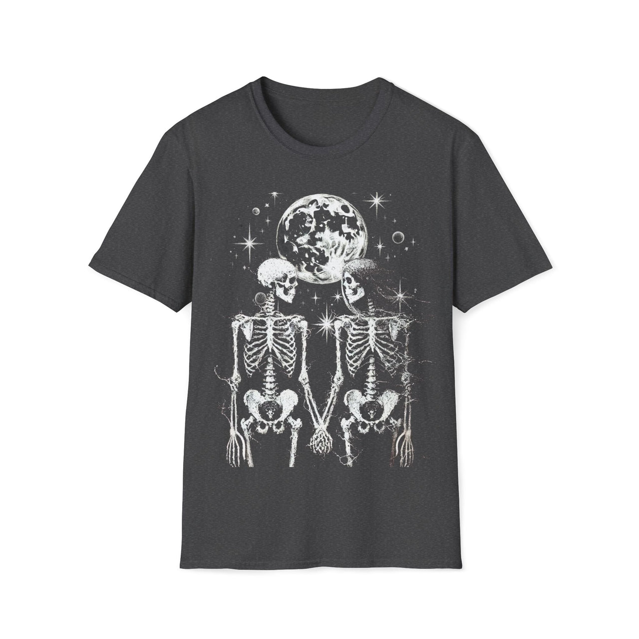 Macabre Threads Dark Heather Eternal Soulmates T-Shirt – Gothic Skeleton Lovers Under the Moon