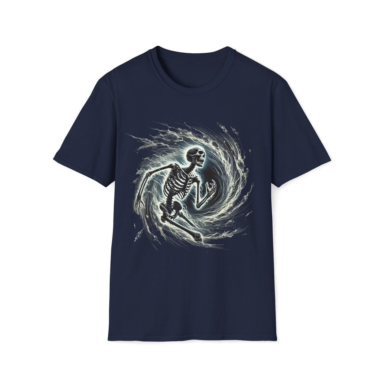 Macabre Threads Navy Vortex Revenant T-Shirt – Gothic Skeleton in Swirling Energy