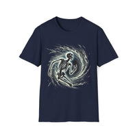 Macabre Threads Navy Vortex Revenant T-Shirt – Gothic Skeleton in Swirling Energy