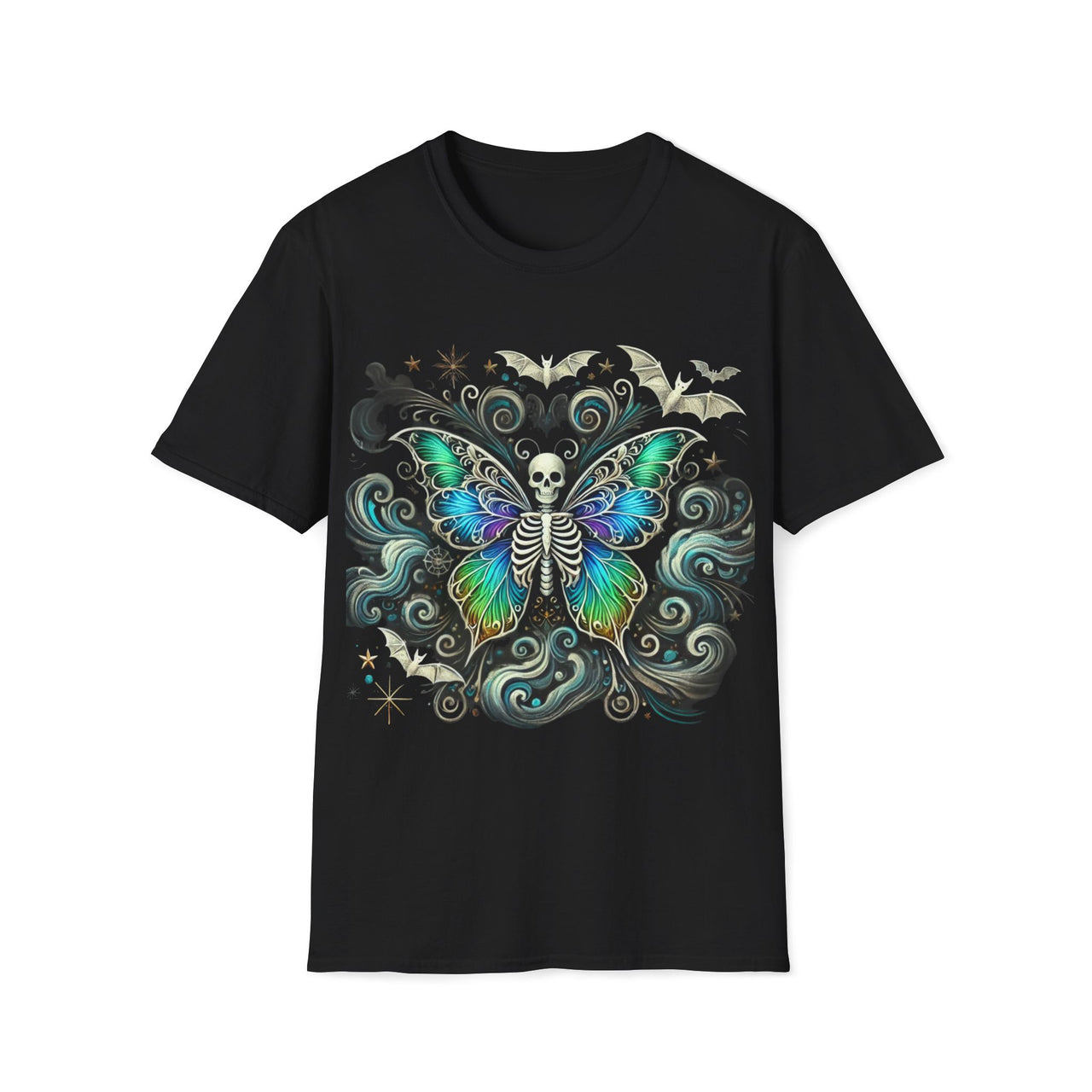 Macabre Threads Black Ethereal Rebirth – Gothic Skeleton Butterfly T-Shirt