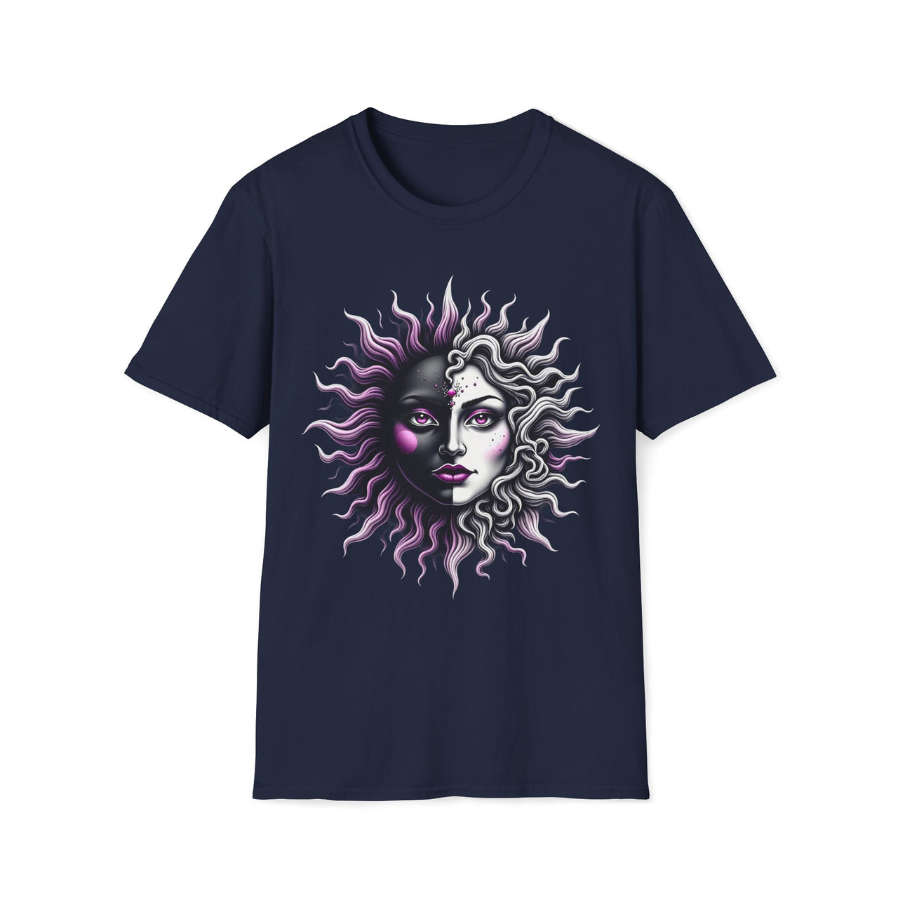 Macabre Threads Navy Gothic Celestials T-Shirt – Sun and Moon Face Graphic Tee