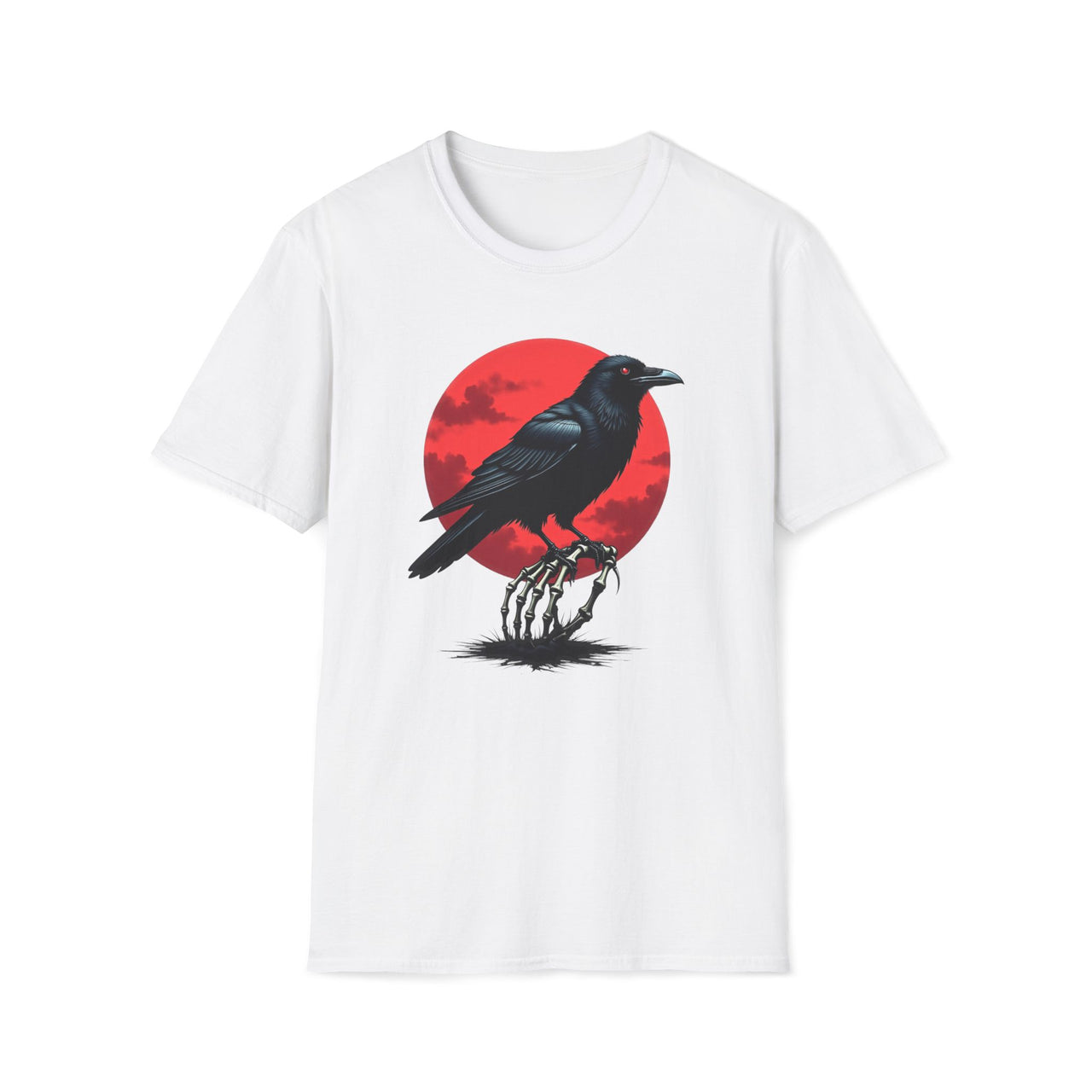 Macabre Threads White Raven Twilight T-Shirt – Gothic Raven and Red Moon Graphic Tee