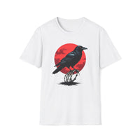 Macabre Threads White Raven Twilight T-Shirt – Gothic Raven and Red Moon Graphic Tee