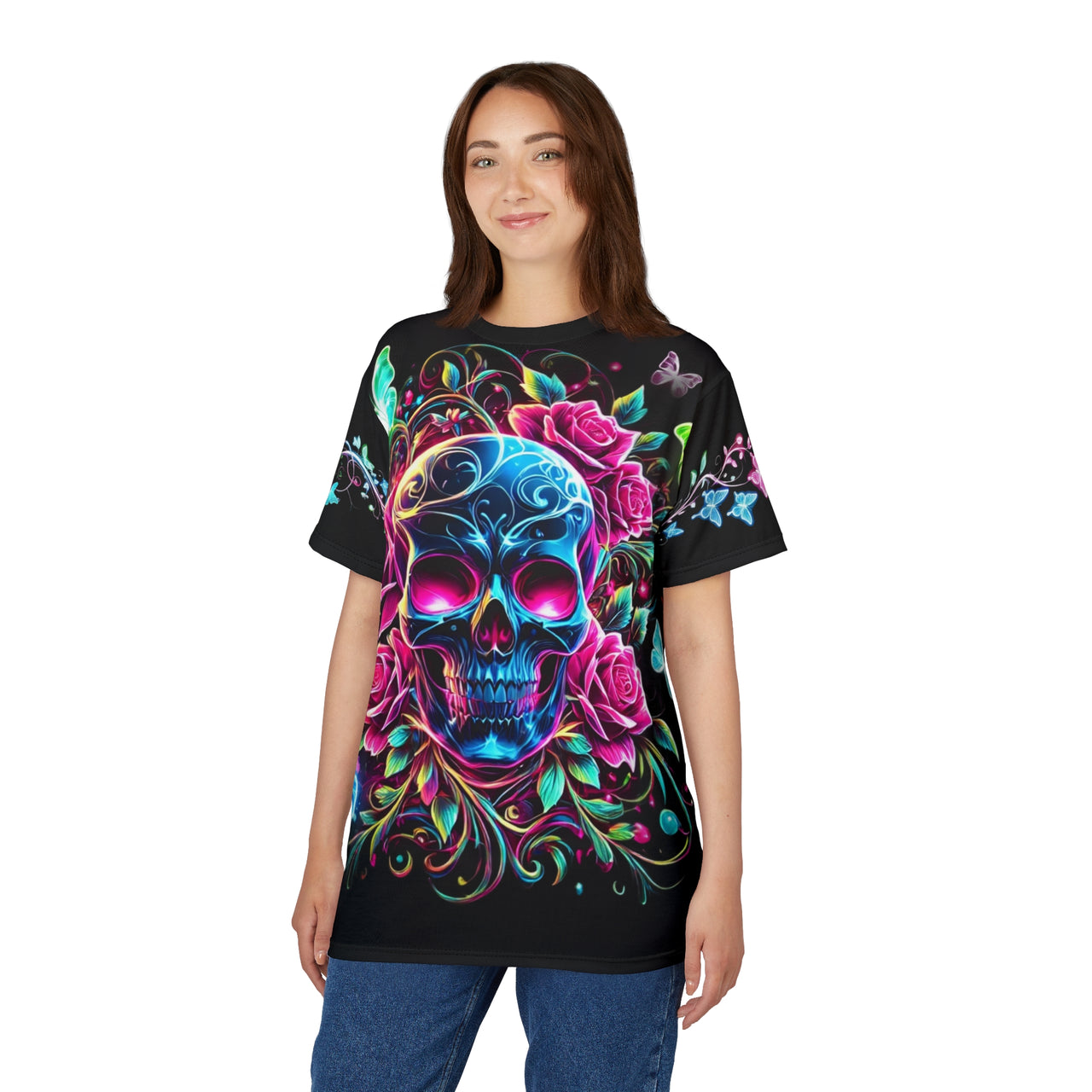 Macabre Threads Garden of Doom All-Over Print T-Shirt – Neon Skull & Rose Garden Tee