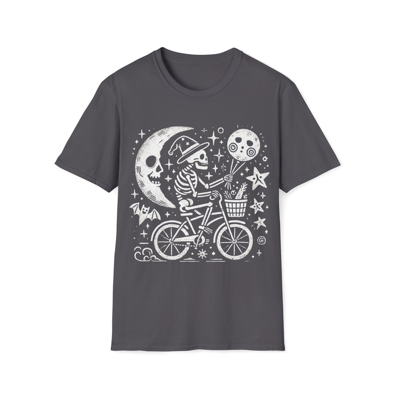 Macabre Threads Charcoal Midnight Ride T-Shirt – Whimsical Gothic Skeleton Bicycle Design