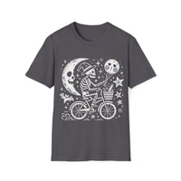 Macabre Threads Charcoal Midnight Ride T-Shirt – Whimsical Gothic Skeleton Bicycle Design