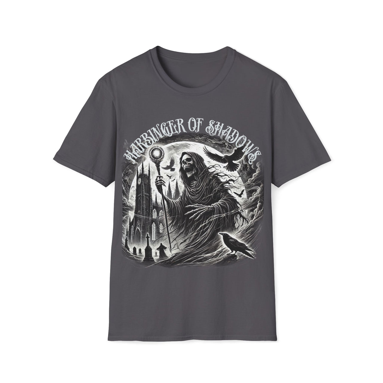 Macabre Threads Charcoal Harbinger of Shadows – Gothic Reaper T-Shirt With Staff
