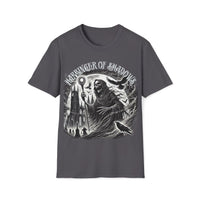 Macabre Threads Charcoal Harbinger of Shadows – Gothic Reaper T-Shirt With Staff