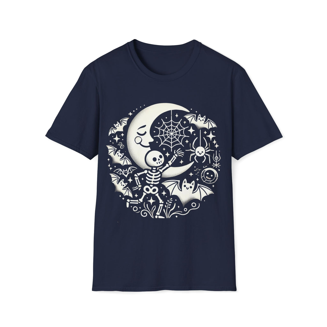 Macabre Threads Navy Celestial Play T-Shirt – Whimsical Skeleton and Moon Gothic Design