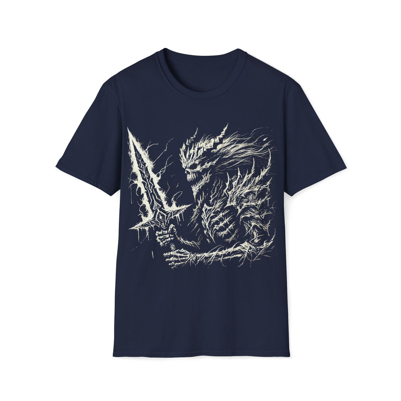 Macabre Threads Navy Shadowforge Warlord T-Shirt – Gothic Warrior Sketch Design