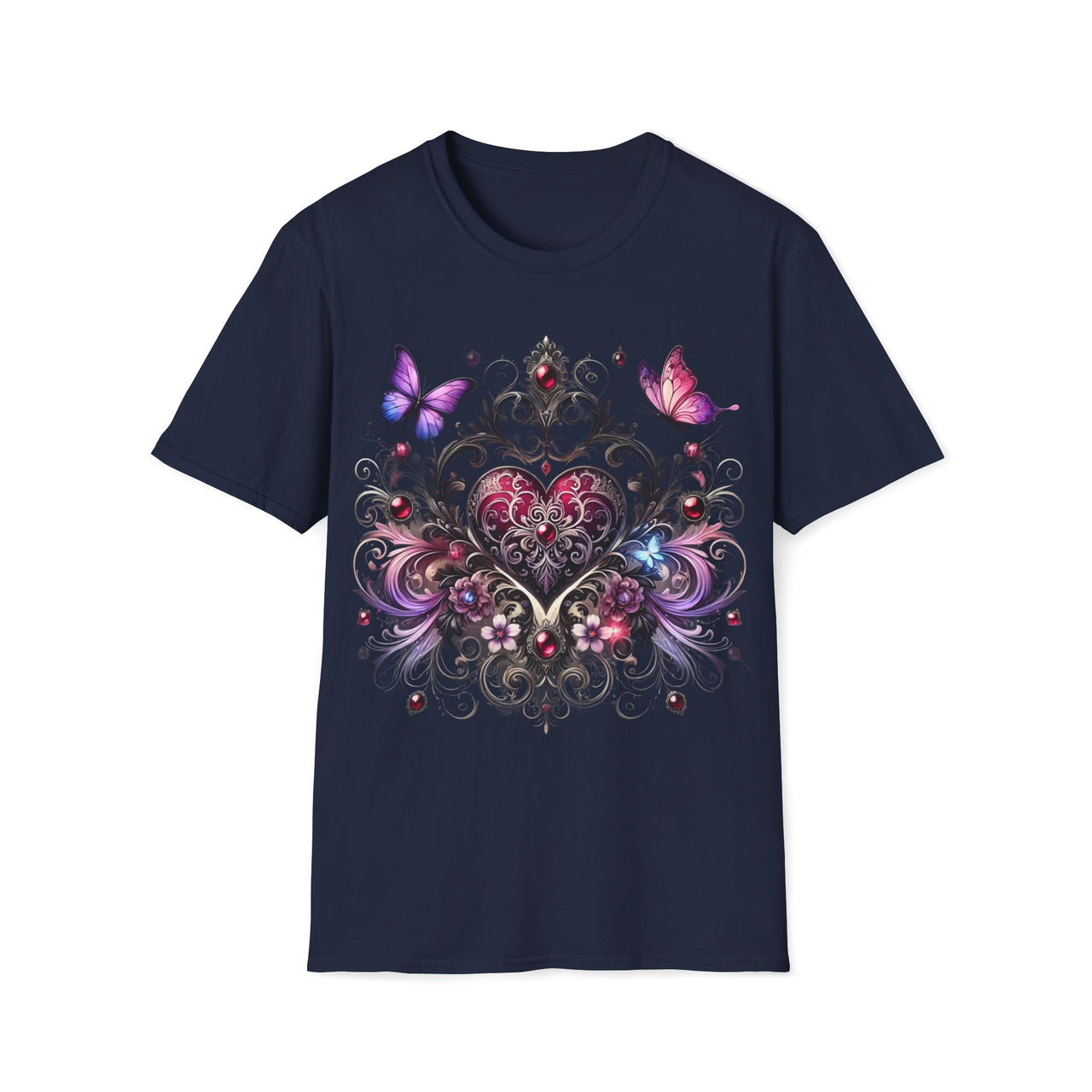 Macabre Threads Navy Elegant Heart T-Shirt – Gothic Romance Butterfly Tee