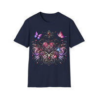 Macabre Threads Navy Elegant Heart T-Shirt – Gothic Romance Butterfly Tee