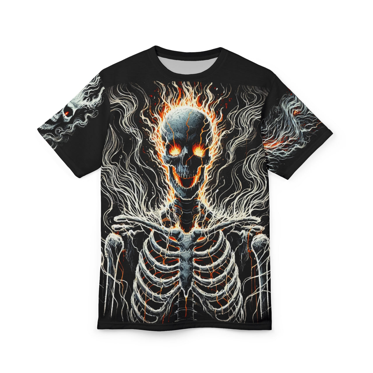 Macabre Threads Black stitching Infernal Wraith All-Over Print T-Shirt – Ghostly Flame Specter Tee