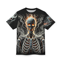 Macabre Threads Black stitching Infernal Wraith All-Over Print T-Shirt – Ghostly Flame Specter Tee