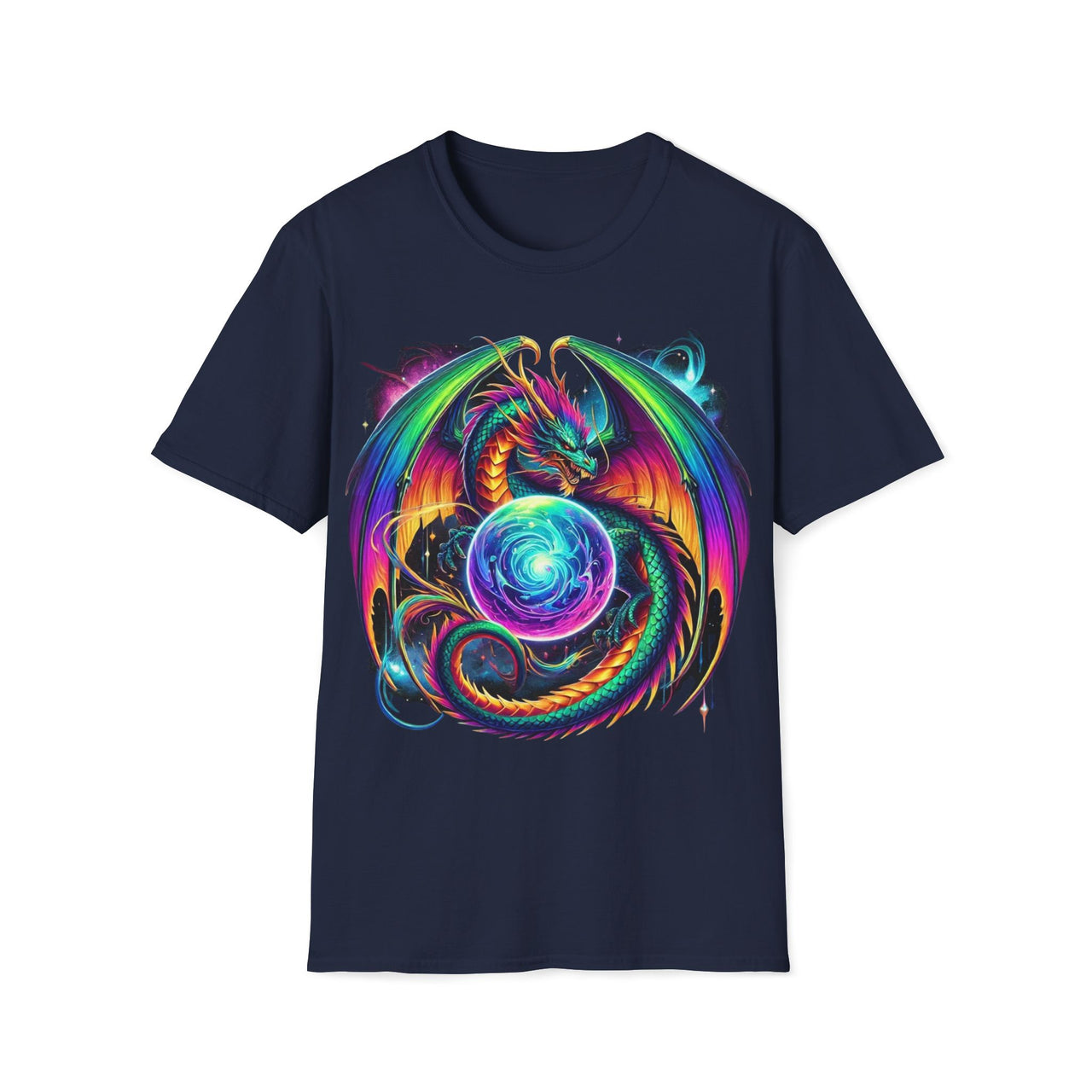 Macabre Threads Navy Celestial Fury T-Shirt – Gothic Dragon Cosmic Orb Design