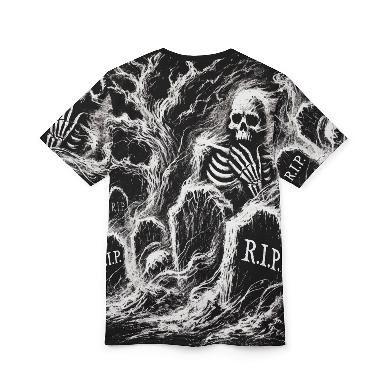 Macabre Threads Perished All-Over Print T-Shirt – Chalk-Style Graveyard Death Tee