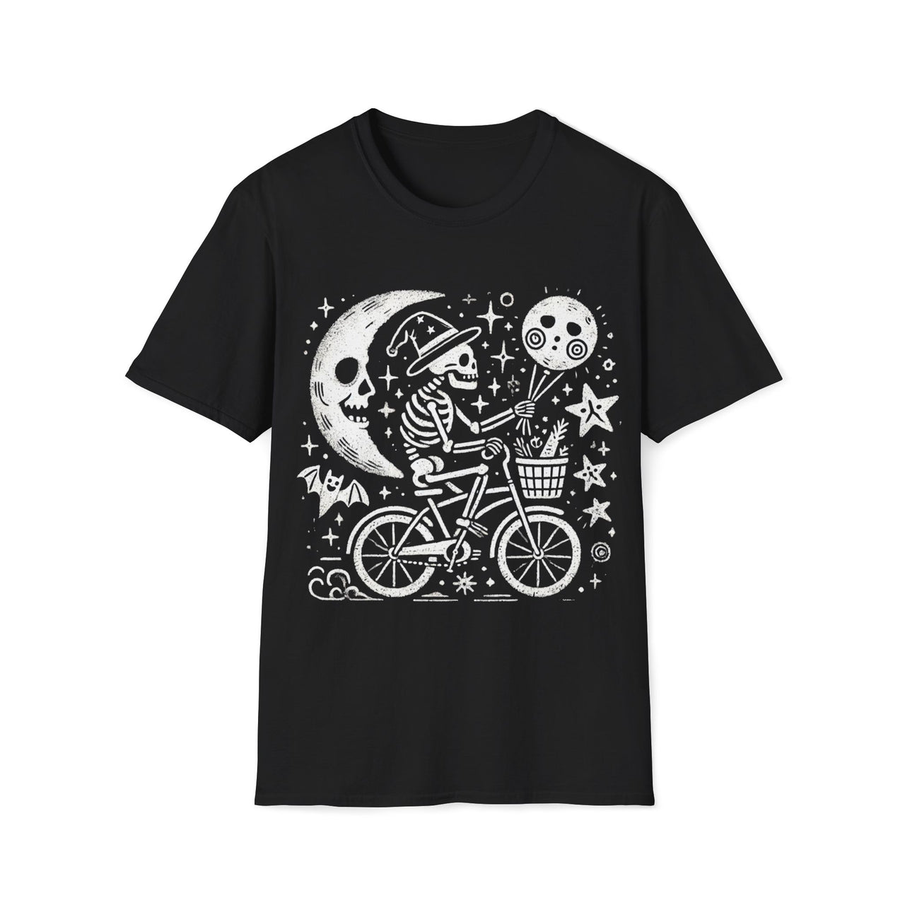 Macabre Threads Black Midnight Ride T-Shirt – Whimsical Gothic Skeleton Bicycle Design