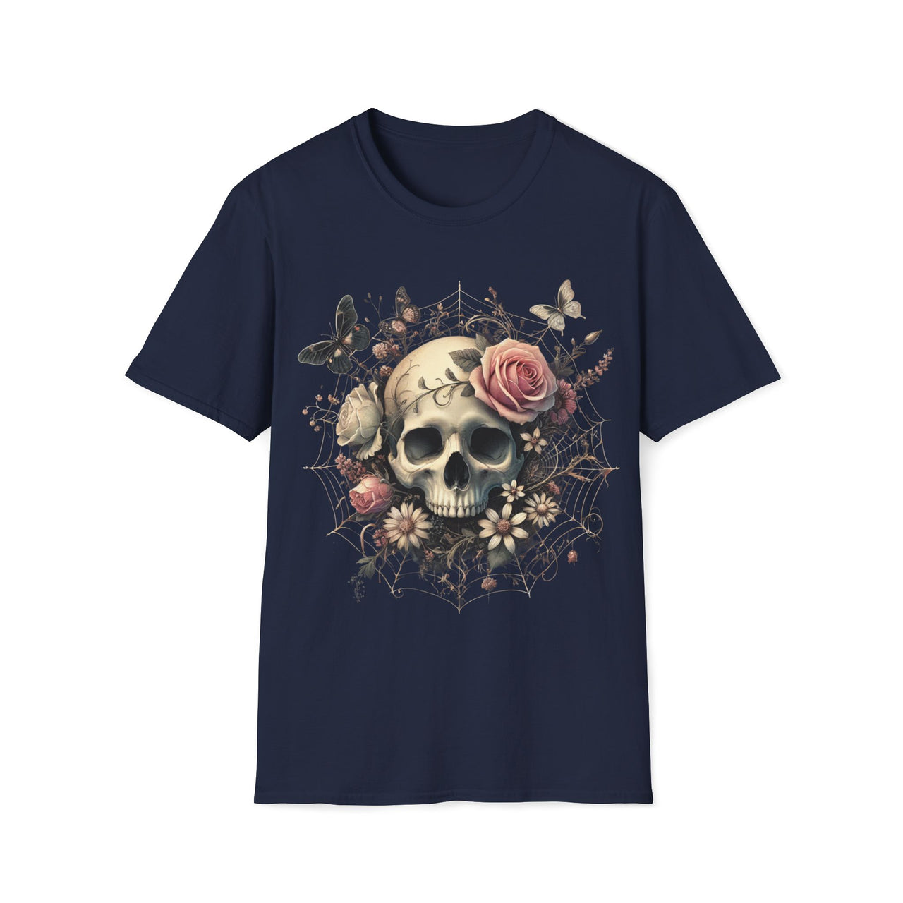 Macabre Threads Navy Web of Remembrance – Skull and Roses T-Shirt