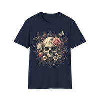 Macabre Threads Navy Web of Remembrance – Skull and Roses T-Shirt