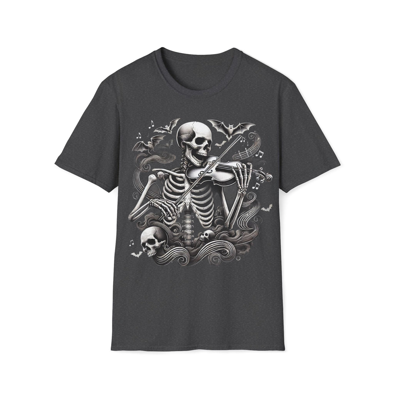 Macabre Threads Dark Heather Bone Elegy T-Shirt – Skeleton Violinist Gothic Design