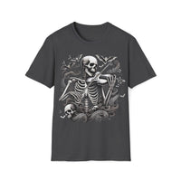 Macabre Threads Dark Heather Bone Elegy T-Shirt – Skeleton Violinist Gothic Design