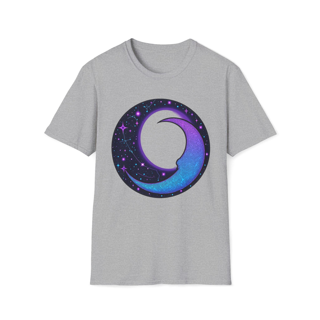 Macabre Threads Sport Grey Lunar Whimsy – Cosmic Moon Swirl T-Shirt