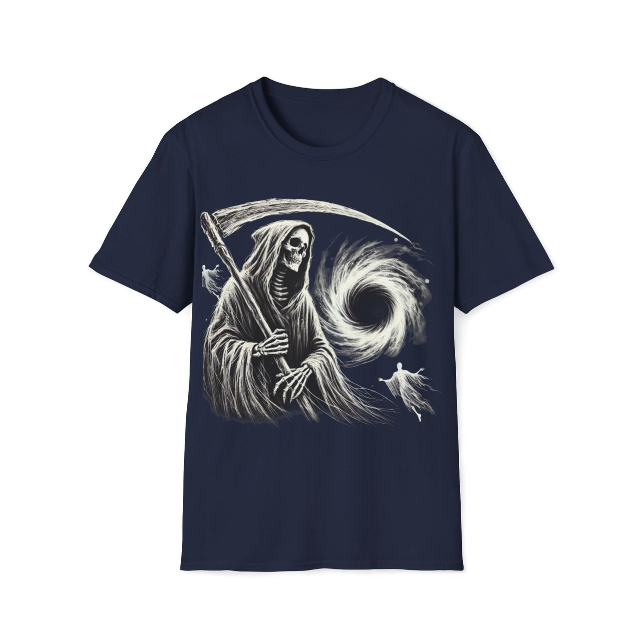 Macabre Threads Navy Cosmic Descent – Grim Reaper Black Hole T-Shirt
