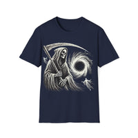 Macabre Threads Navy Cosmic Descent – Grim Reaper Black Hole T-Shirt
