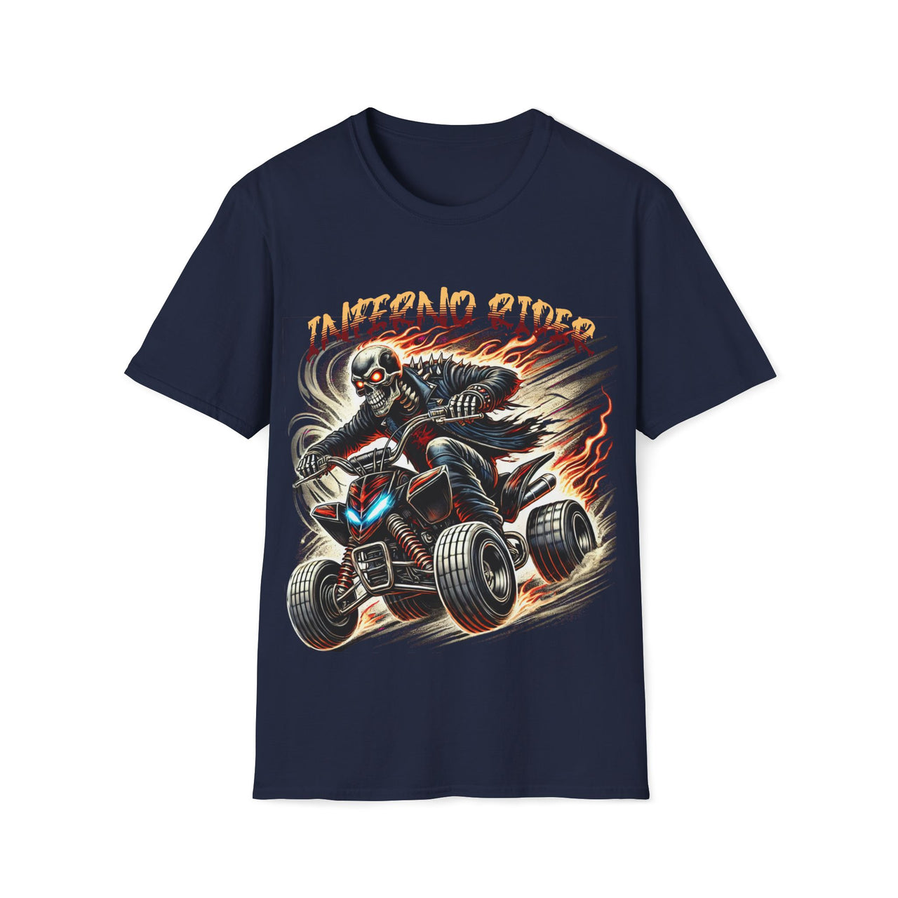 Macabre Threads Navy Inferno Rider - Fiery Skeleton on ATV Graphic Tee