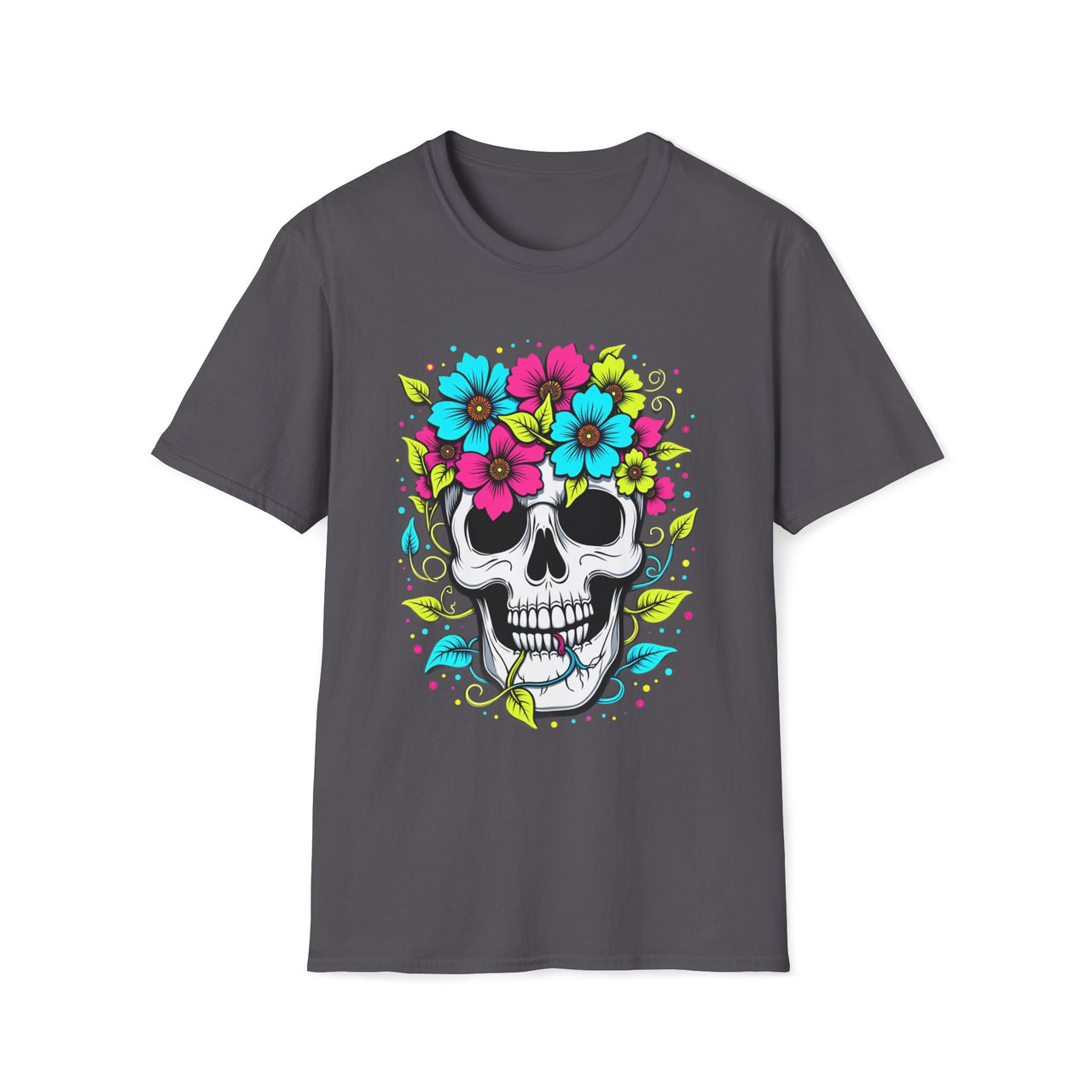 Macabre Threads Charcoal Floral Spiral Flower Crown Skull T Shirt – Colorful Gothic Tee