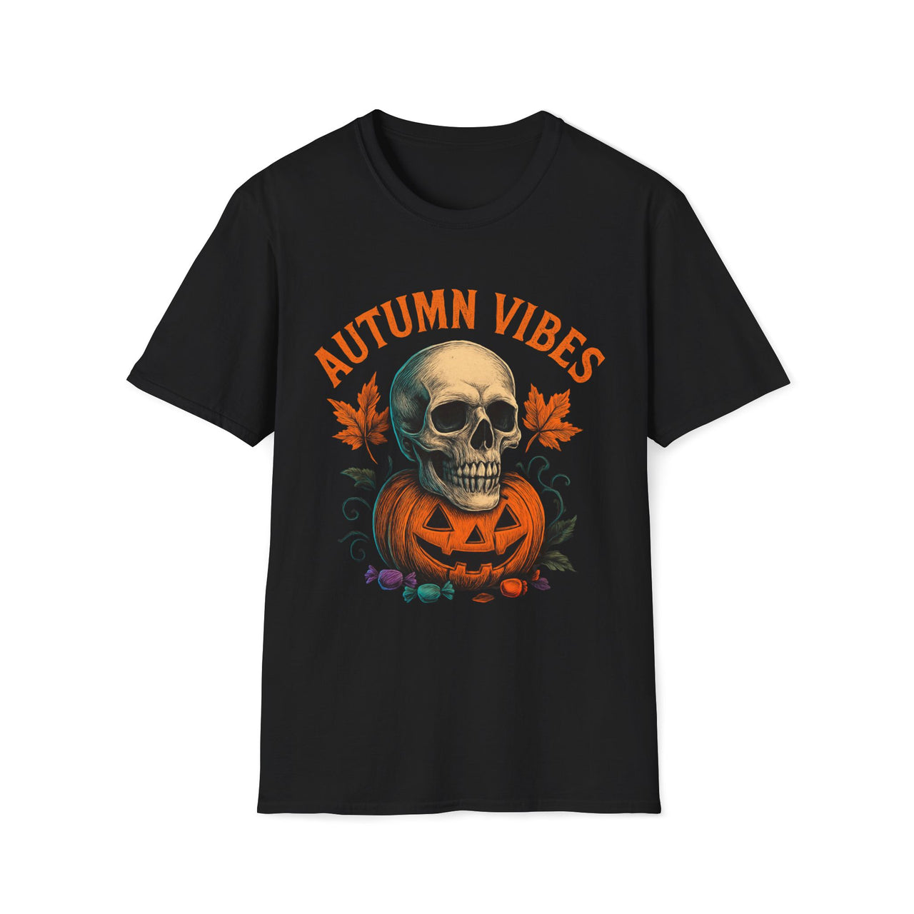 Autumn Vibes T-Shirt – Halloween Skull and Pumpkin Shirt