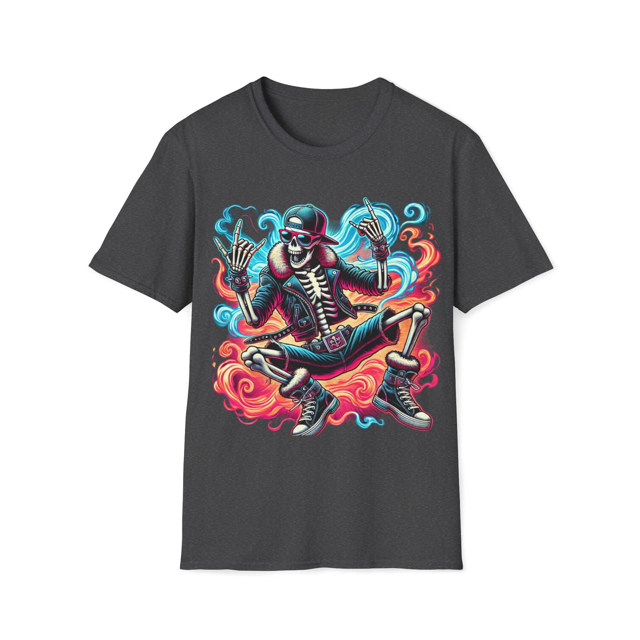 Macabre Threads Dark Heather Reaper Riot – Colorful Skeleton Reaper T-Shirt