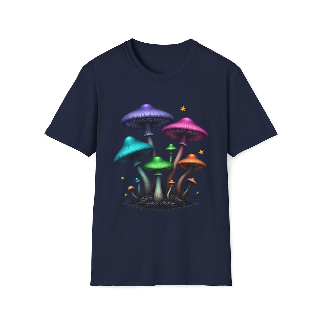 Macabre Threads Navy Mushroom Glow T-Shirt – Neon Psychedelic Fungi Graphic Tee