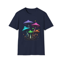 Macabre Threads Navy Mushroom Glow T-Shirt – Neon Psychedelic Fungi Graphic Tee