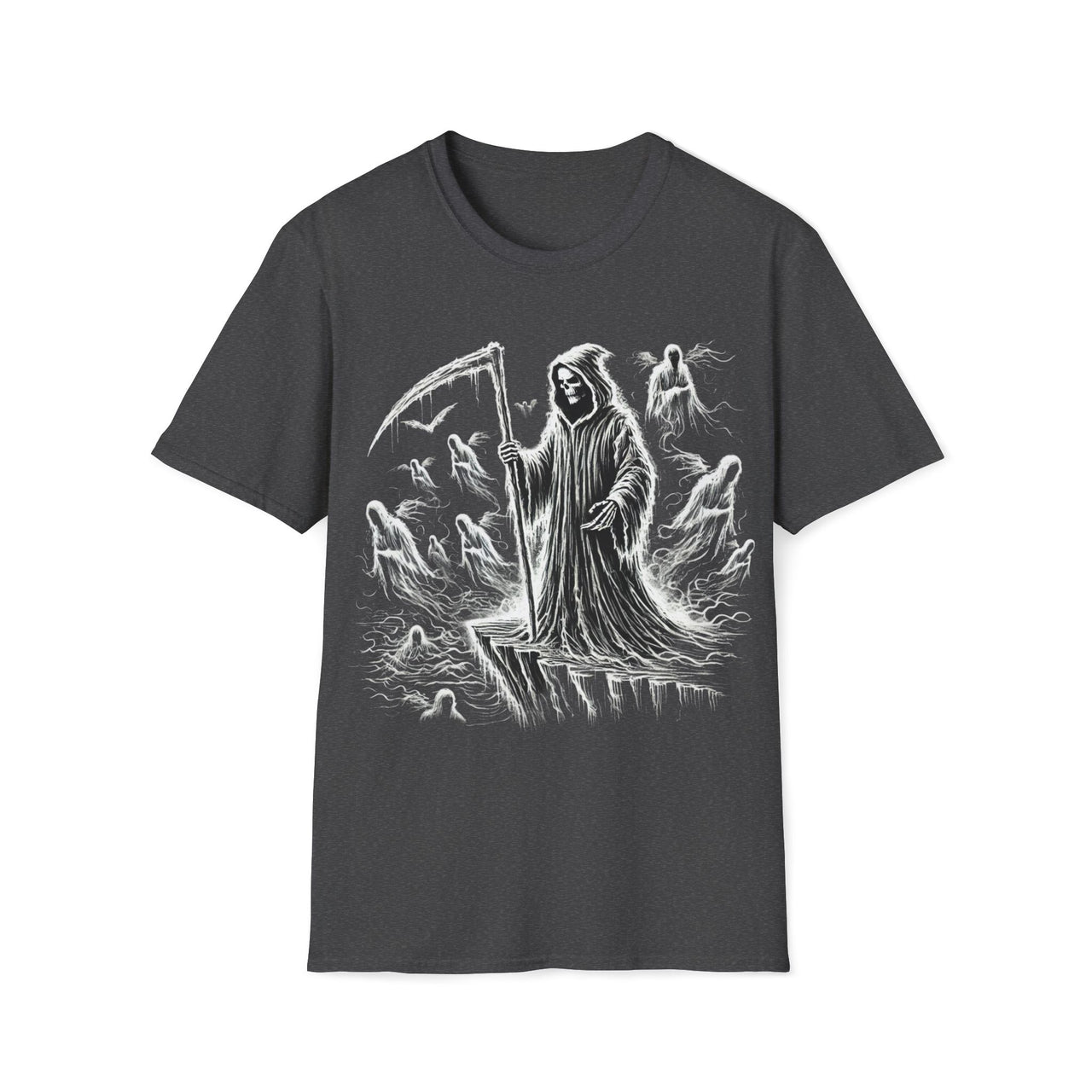 Macabre Threads Dark Heather Abyss Beckons – Grim Reaper Cliffside T-Shirt