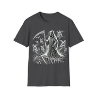 Macabre Threads Dark Heather Abyss Beckons – Grim Reaper Cliffside T-Shirt