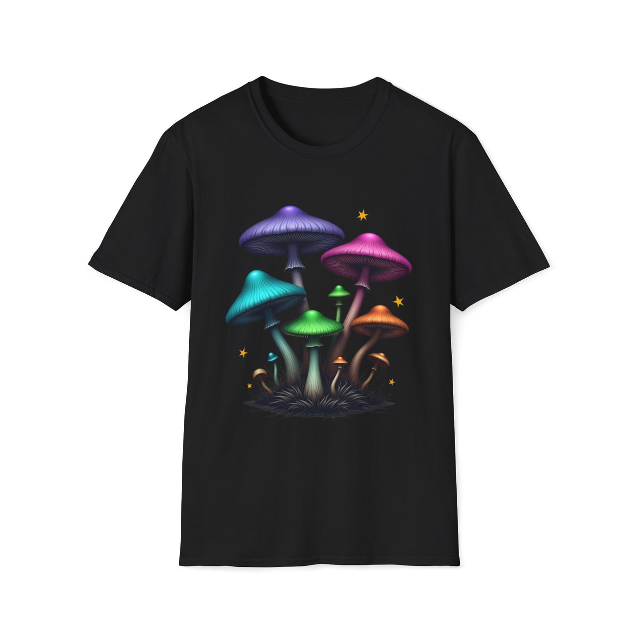 Macabre Threads Black Mushroom Glow T-Shirt – Neon Psychedelic Fungi Graphic Tee