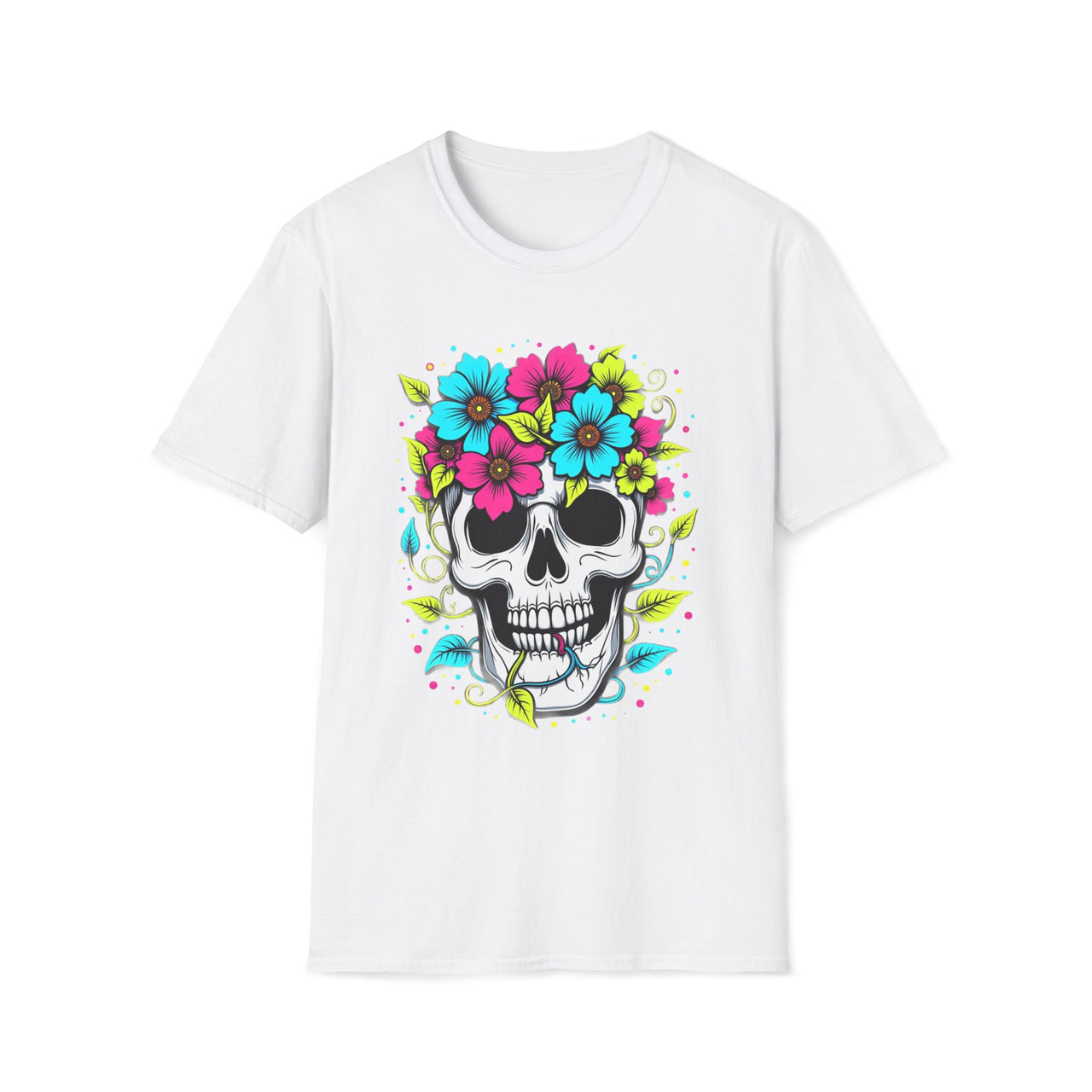 Macabre Threads White Floral Spiral Flower Crown Skull T Shirt – Colorful Gothic Tee