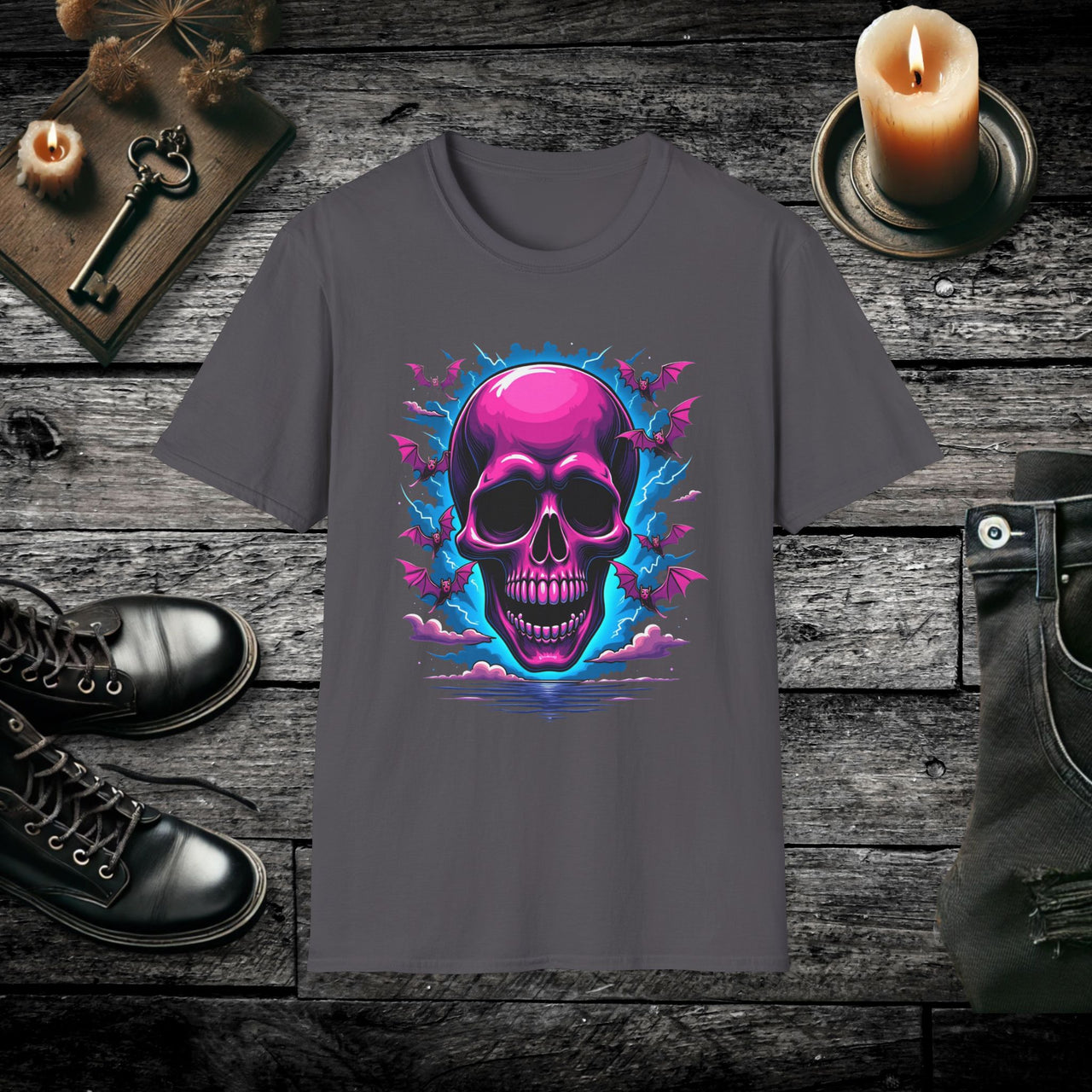 Bat Swirl Skull T Shirt – Neon Gothic Bat Skull Tee