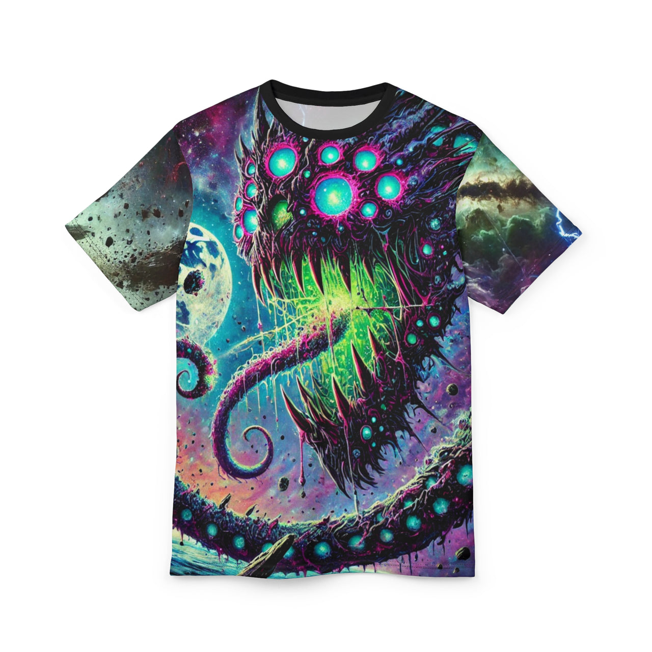 Macabre Threads Black stitching Cosmic Leviathan All-Over Print T-Shirt – Deep Space Sea Monster Tee