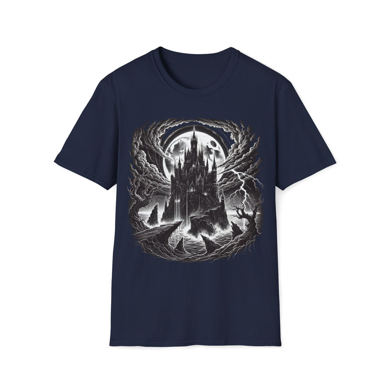 Macabre Threads Navy Citadel Of Shadows - Gothic Castle In Storm Tee