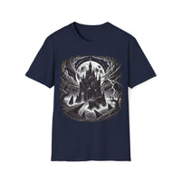 Macabre Threads Navy Citadel Of Shadows - Gothic Castle In Storm Tee
